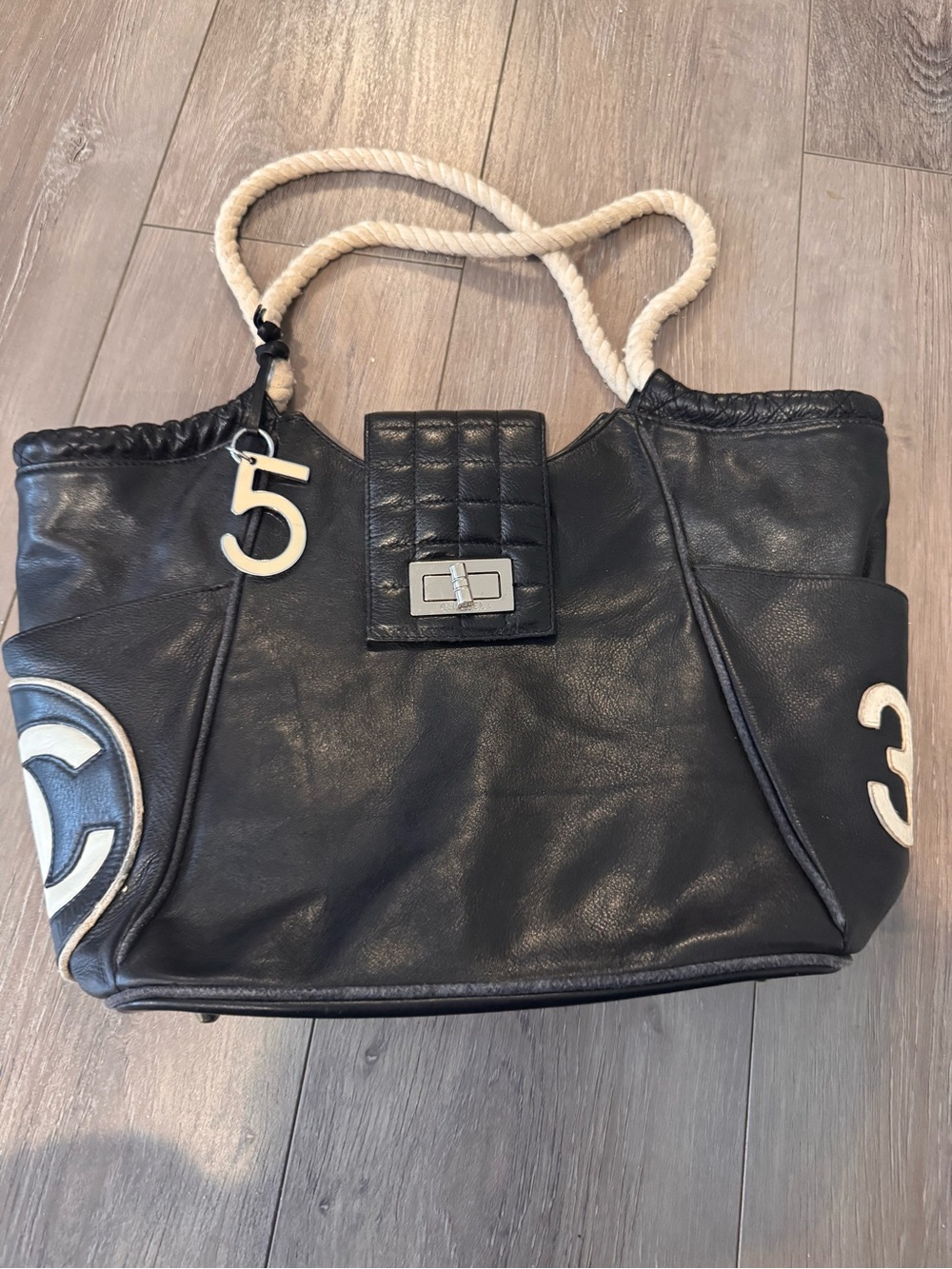 Black Leather Tote Bag with Rope Handles